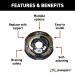 Lippert replacement self-adjusting electric brake assembly for RVs, 12x2 inch, left hand, five-bolt pattern.