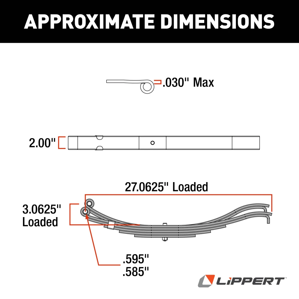 Replacement 25 inch slipper leaf spring for RV trailer suspension by Lippert, with 2500 lbs capacity.
