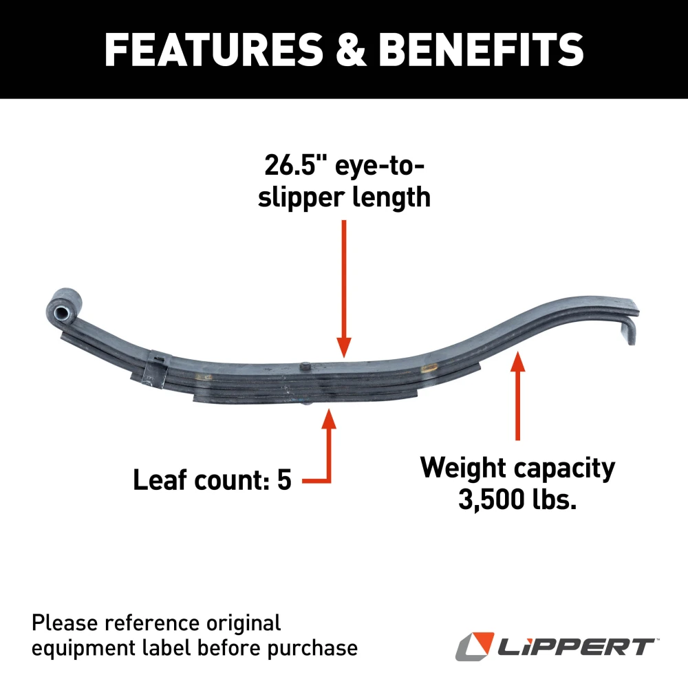 Replacement 25 inch slipper leaf spring for RV trailer suspension by Lippert, with 2500 lbs capacity.