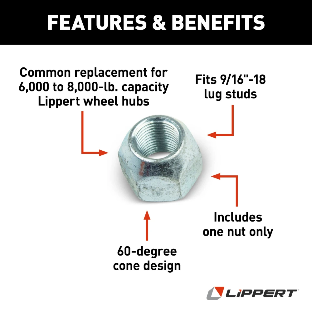 Lippert replacement lug nut, fits 9/16"-18 studs for 6,000 to 8,000-lb hubs