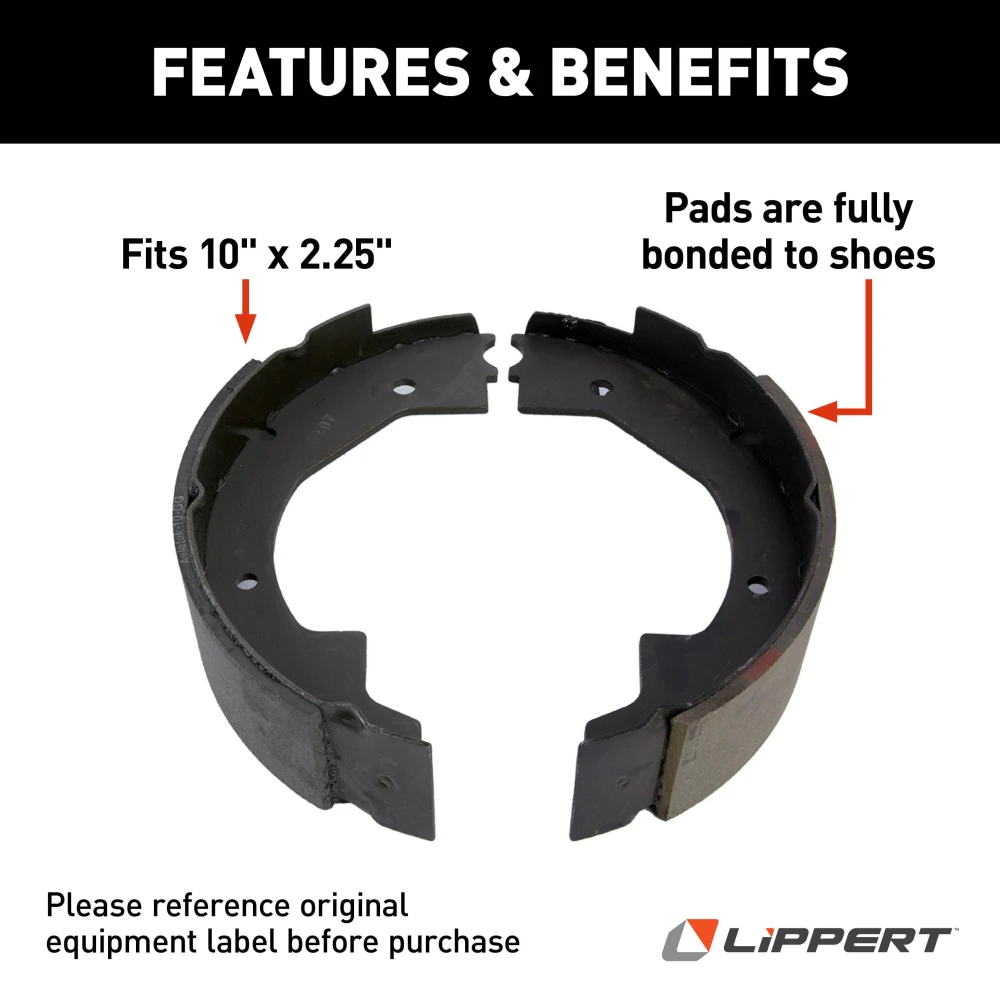 Lippert replacement electric brake shoe and lining kit for RV trailer brakes, compatible with Lippert brake assemblies.