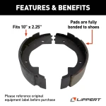 Lippert replacement electric brake shoe and lining kit for RV trailer brakes, compatible with Lippert brake assemblies.