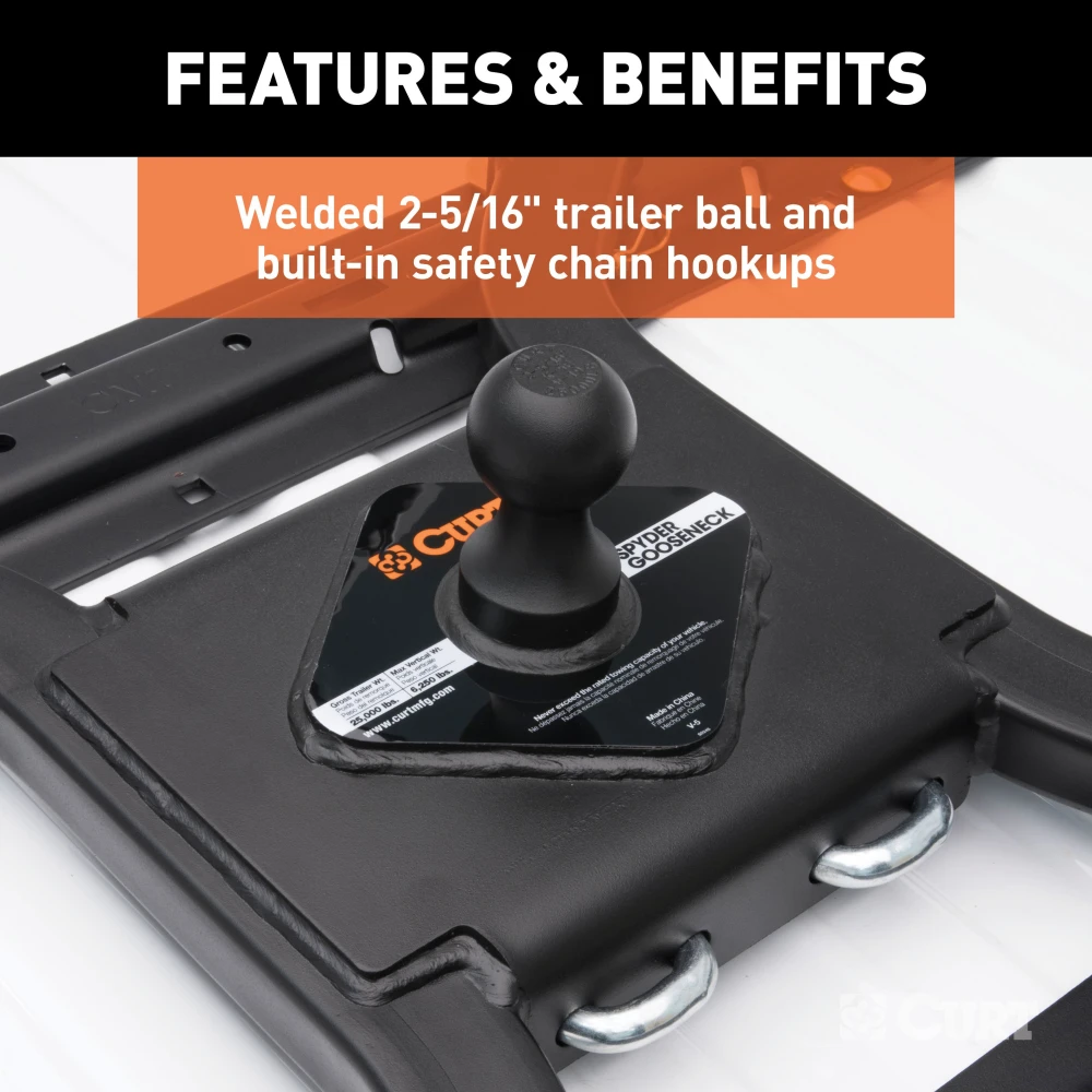 CURT Spyder gooseneck adapter for 5th wheel towing setup in truck bed.