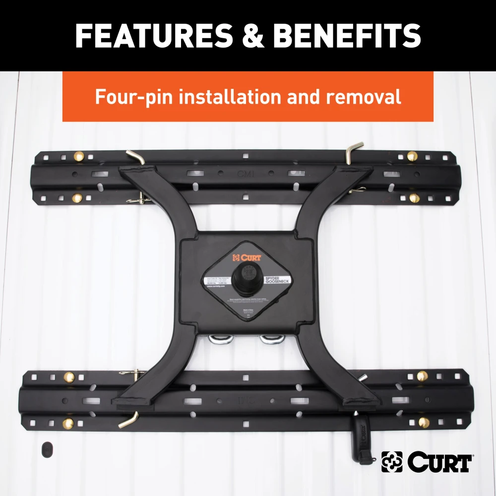 CURT Spyder gooseneck adapter for 5th wheel towing setup in truck bed.