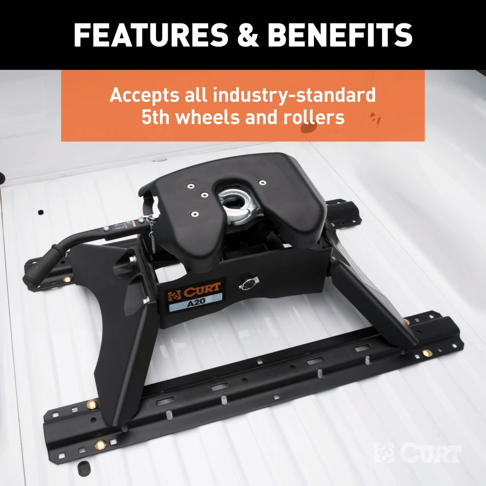 Gloss black CURT 5th wheel base rails for universal trailer fitment