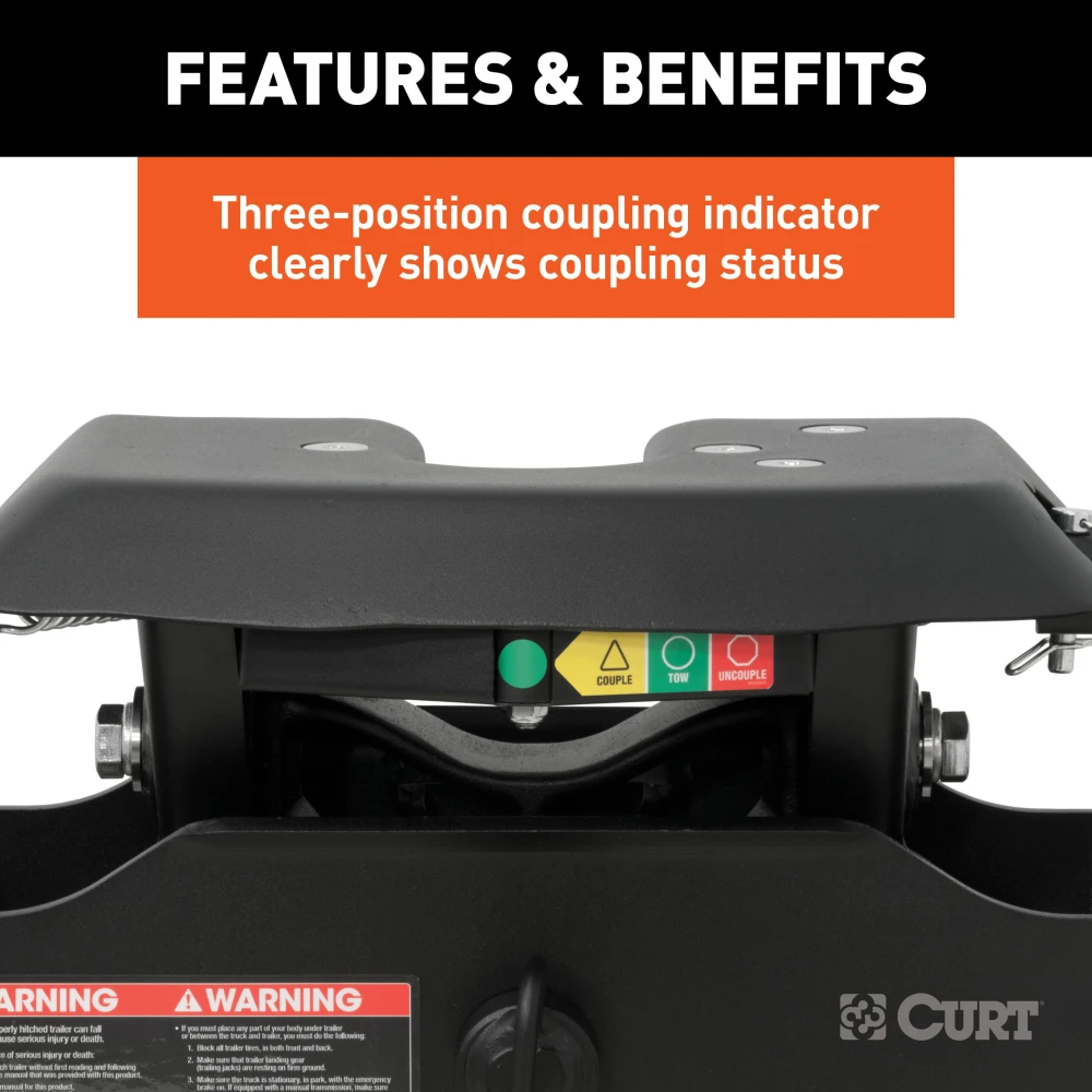 CURT A16 5th wheel hitch showing three-position indicator and high-strength jaws