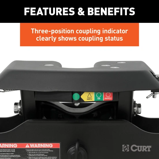 CURT A16 5th wheel hitch showing three-position indicator and high-strength jaws