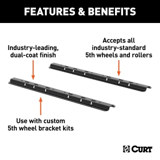 Set of CURT 5th wheel base rails with industry-standard fit and gloss black coating.