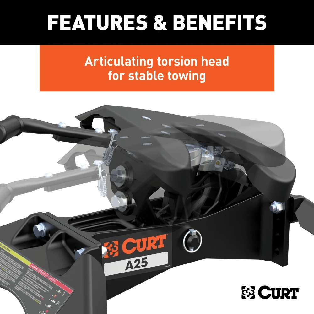 CURT A25 5th wheel hitch with cast yoke and poly-torsion inserts for smooth towing.