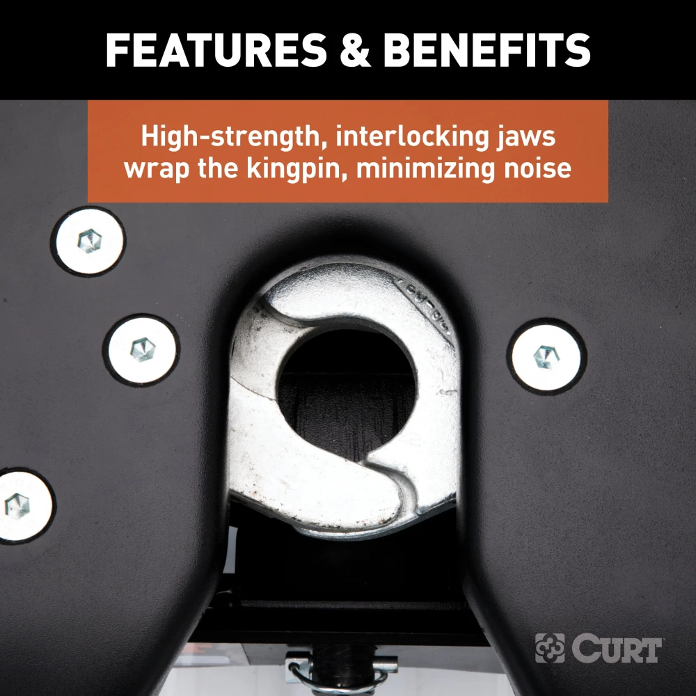 CURT A25 5th wheel hitch with cast yoke and poly-torsion inserts for smooth towing.