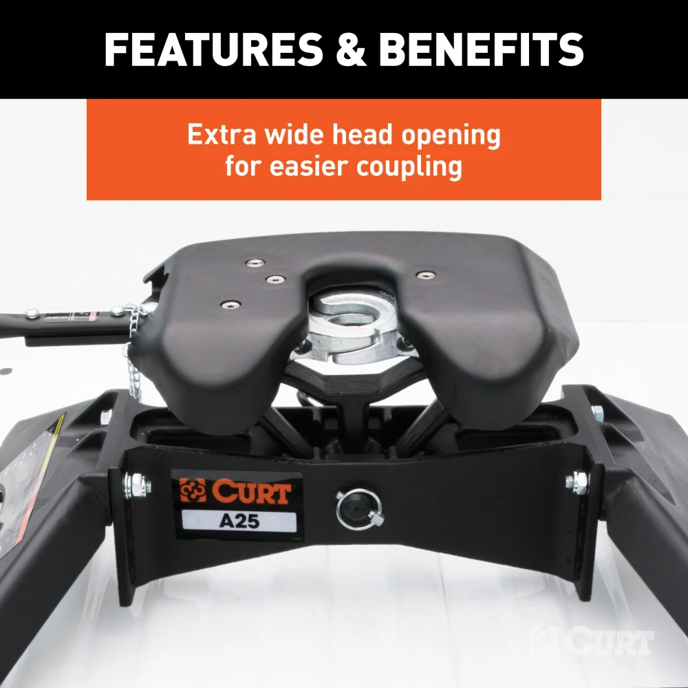 CURT A25 5th wheel hitch with easy installation and patented cast yoke for stable and quiet towing