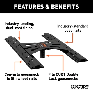 CURT adapter plate converting gooseneck hitch to 5th wheel rails, supports up to 20K lbs.