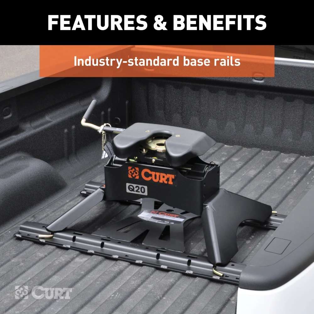 CURT adapter plate converting gooseneck hitch to 5th wheel rails, supports up to 20K lbs.