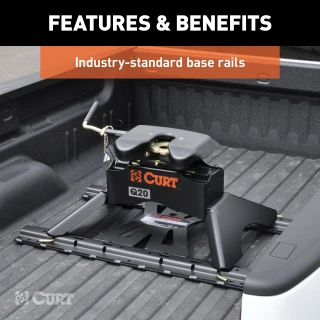 CURT adapter plate converting gooseneck hitch to 5th wheel rails, supports up to 20K lbs.
