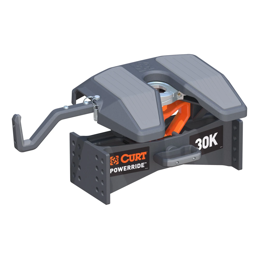 CURT PowerRide 30K 5th wheel hitch with cast steel body and ergonomic handle installed on a truck