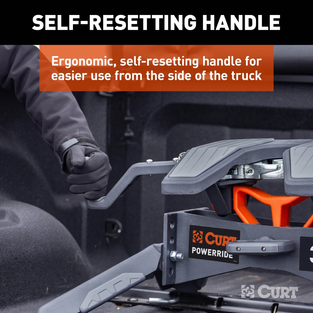 CURT PowerRide 30K 5th wheel hitch with multi-directional tilt and self-resetting handle