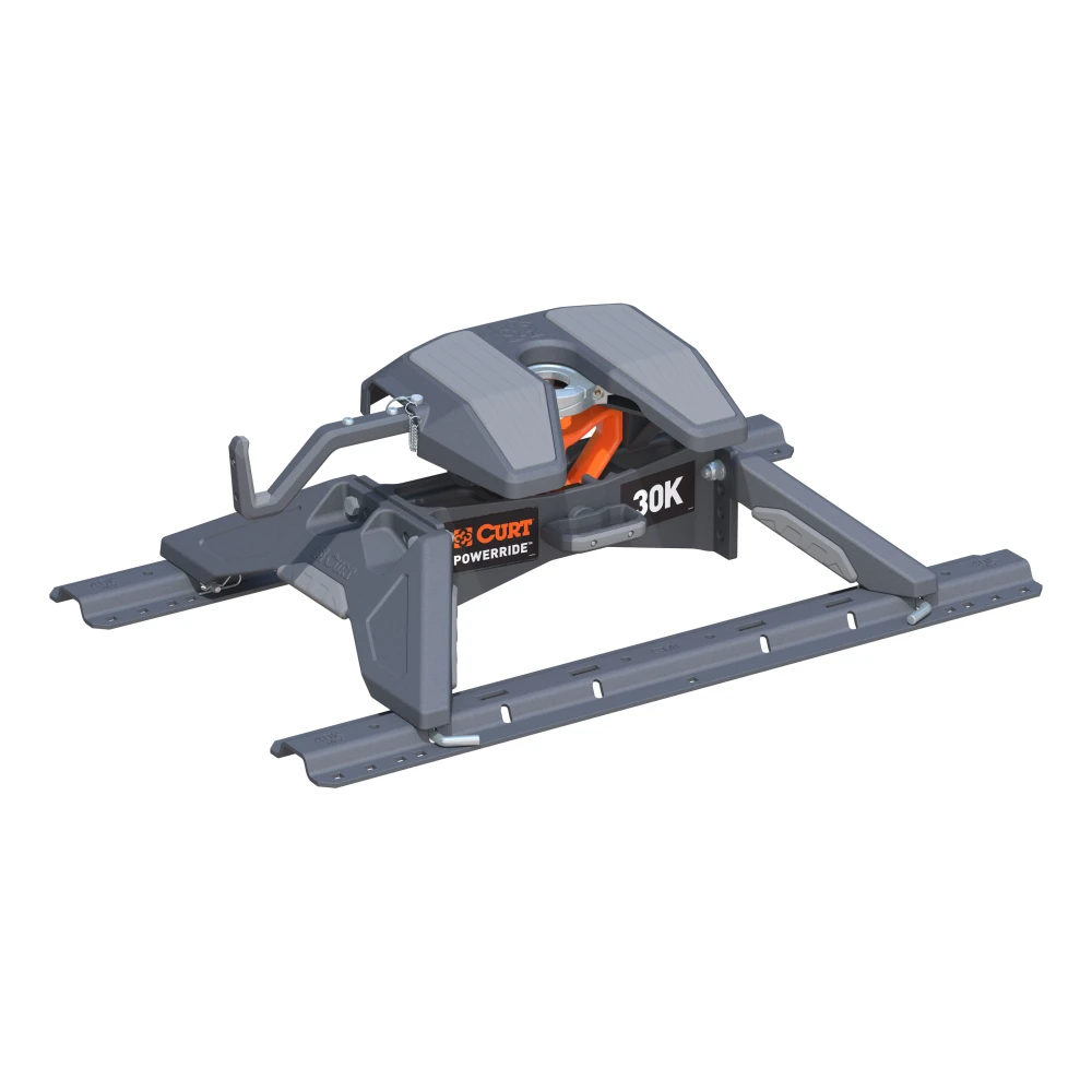 CURT PowerRide 30K 5th wheel hitch with cast head, multi-directional tilt, and self-resetting handle for trucks.