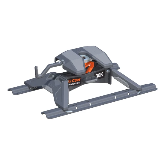 CURT PowerRide 30K 5th wheel hitch with cast head, multi-directional tilt, and self-resetting handle for trucks.