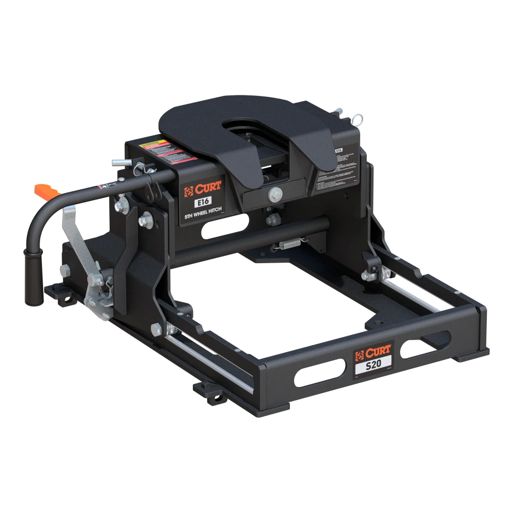 CURT E16 5th wheel hitch with 16,000 lbs capacity, dual-pivot head and anti-rattle skid plate.