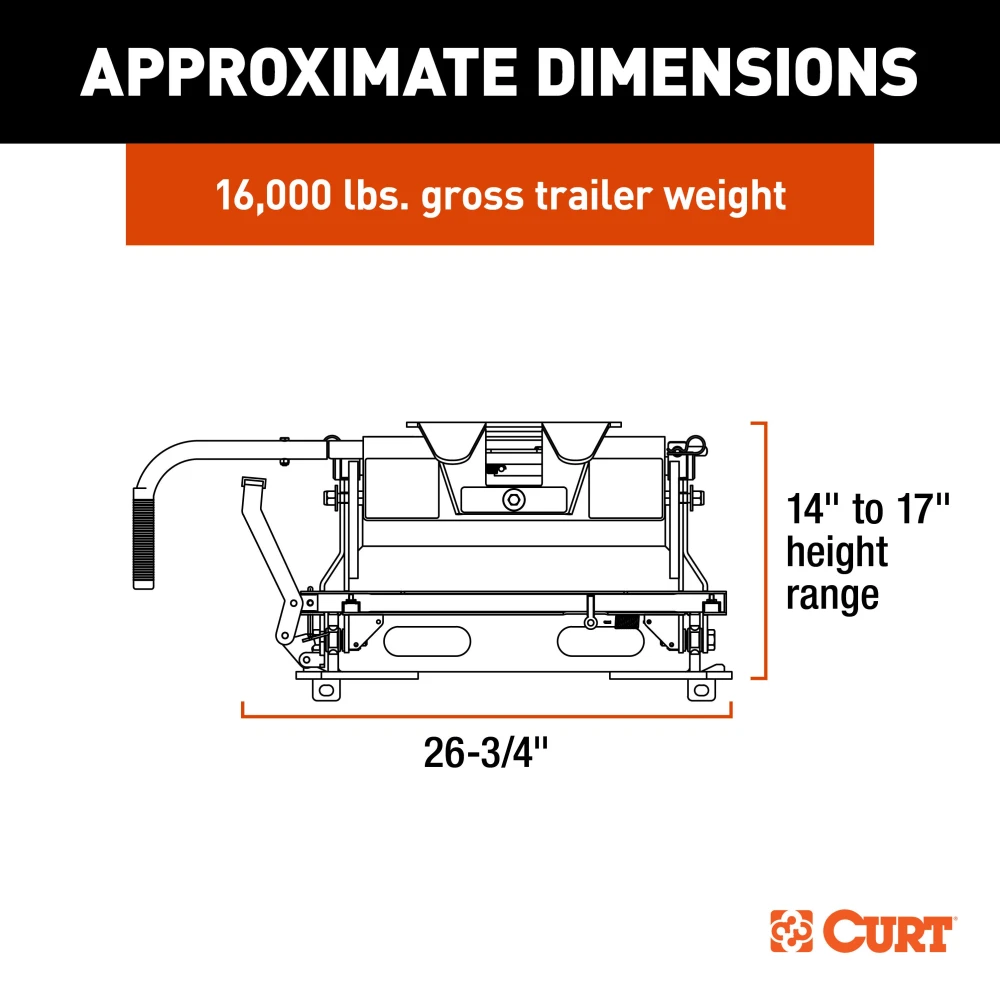 CURT E16 5th wheel hitch with 16,000 lbs capacity, dual-pivot head and anti-rattle skid plate.