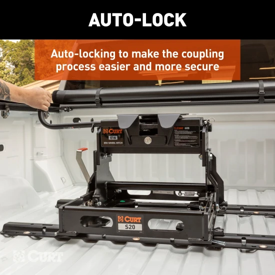 CURT E16 5th wheel hitch with 16,000 lbs capacity, dual-pivot head and anti-rattle skid plate.