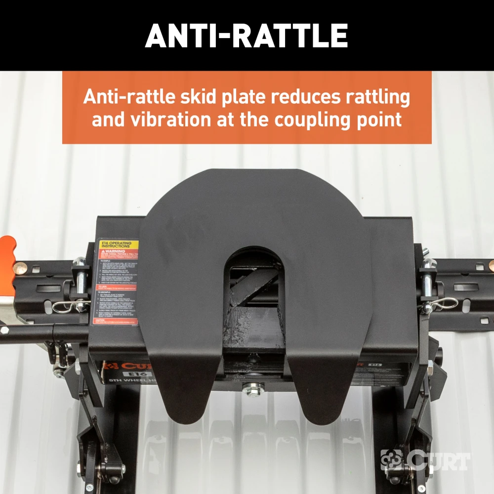CURT E16 5th wheel hitch with 16,000 lbs capacity, dual-pivot head and anti-rattle skid plate.