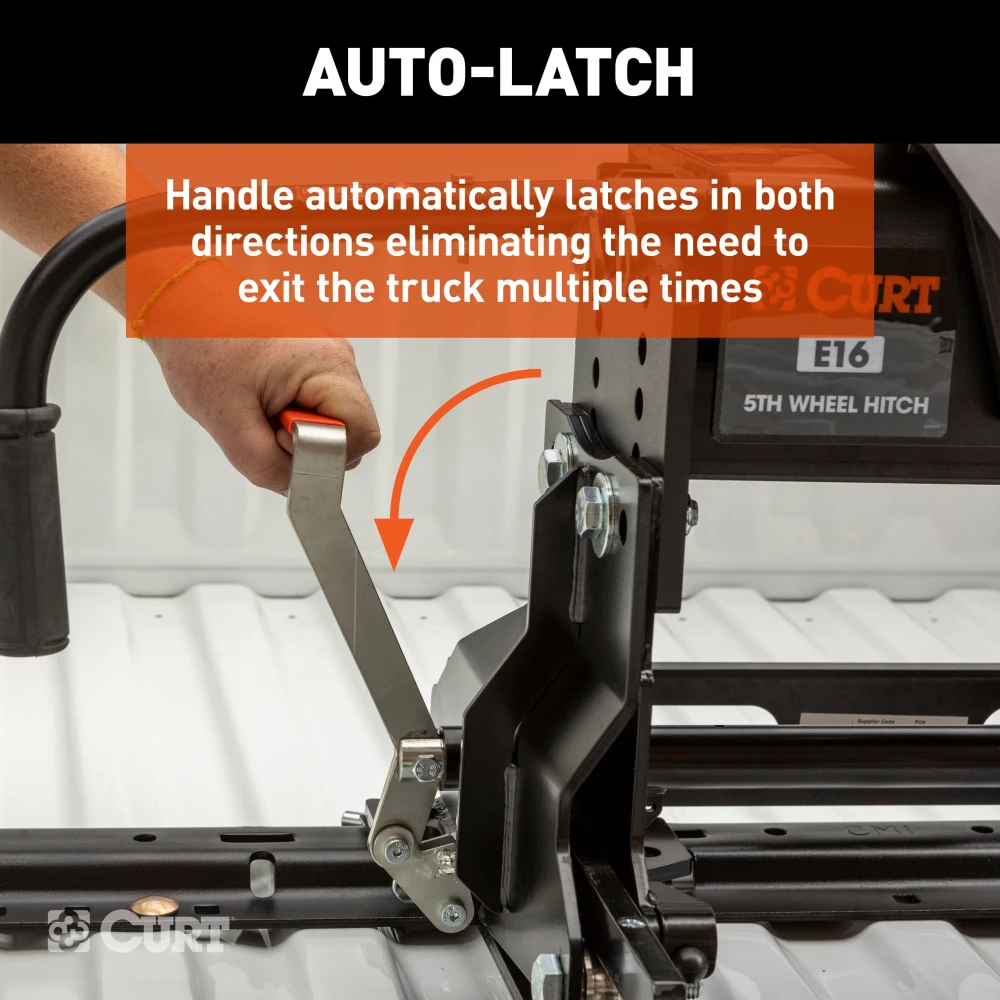 CURT E16 5th wheel hitch with 16,000 lbs capacity, dual-pivot head and anti-rattle skid plate.