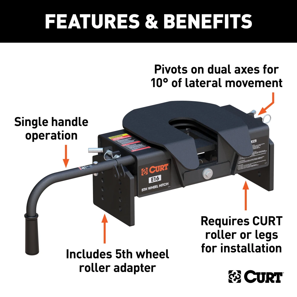 CURT E16 5th wheel hitch with dual-pivoting head and anti-rattle skid plate