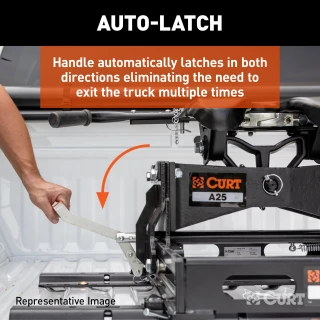 CURT S20 slider equipped for towing 5th wheel trailers with a short-bed truck, featuring ergonomic design and auto-latching mechanism.