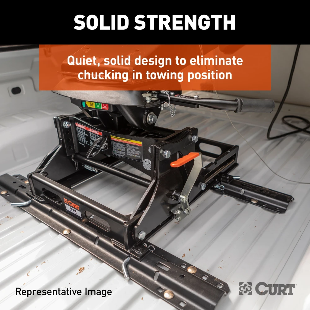 CURT S20 slider equipped for towing 5th wheel trailers with a short-bed truck, featuring ergonomic design and auto-latching mechanism.