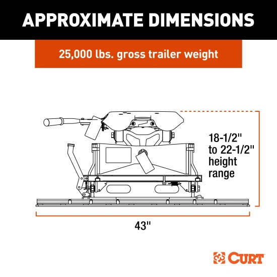 CURT A25 5th wheel hitch with S25 slider and base rails for truck mounting