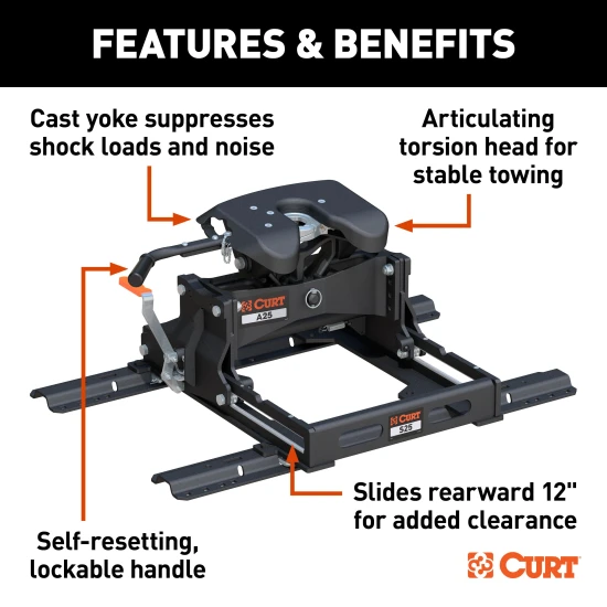 CURT A25 5th wheel hitch with S25 slider and base rails for truck mounting