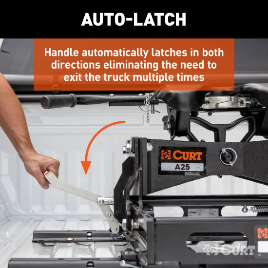 CURT A25 5th wheel hitch with S25 slider and base rails for truck mounting