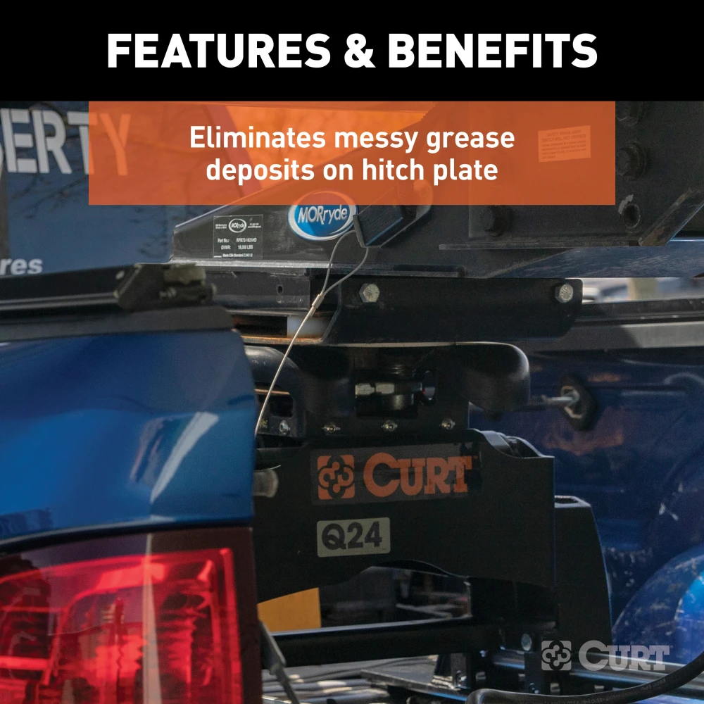 CURT lube plate on kingpin, protecting 5th wheel hitch from wear and grease