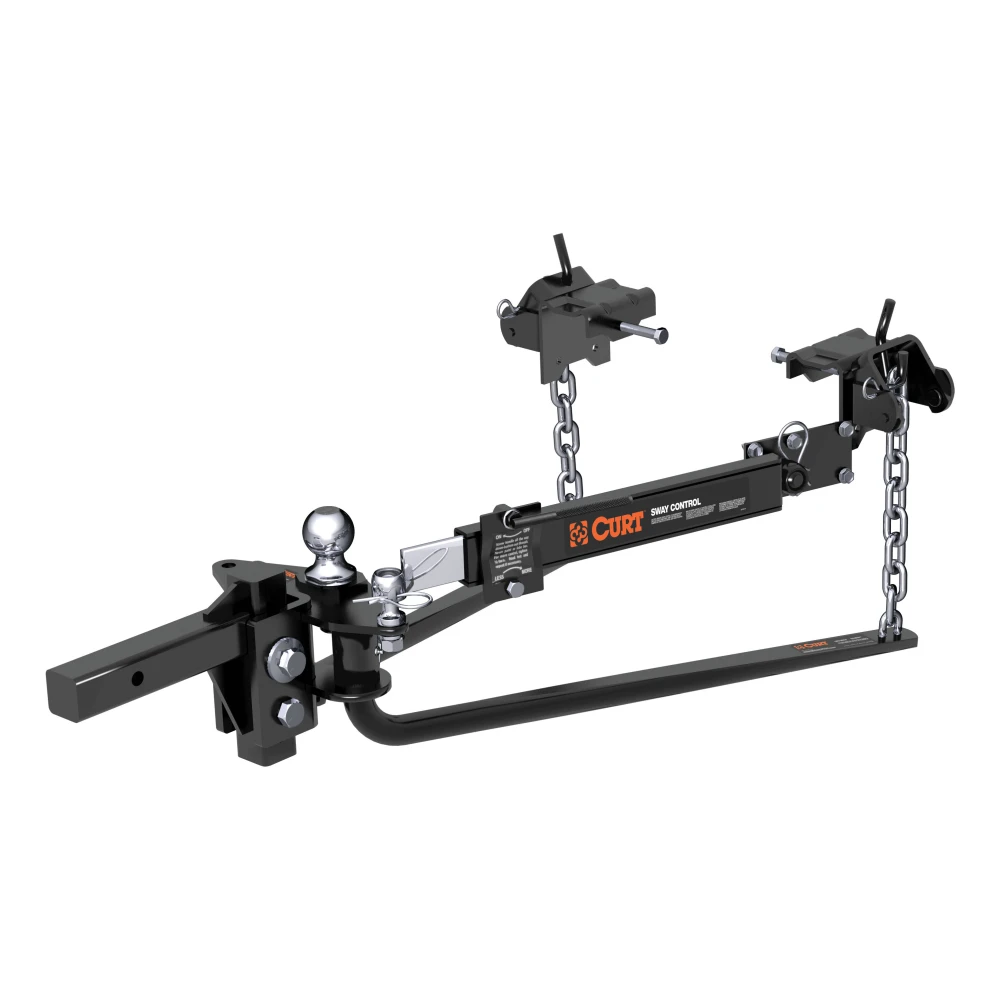 CURT round bar weight distribution hitch with built-in lubrication, shank, and sway control.