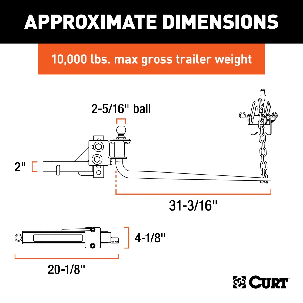 CURT round bar weight distribution hitch with built-in lubrication, shank, and sway control.