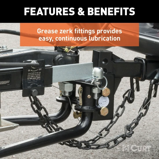 CURT round bar weight distribution hitch with built-in lubrication, shank, and sway control.