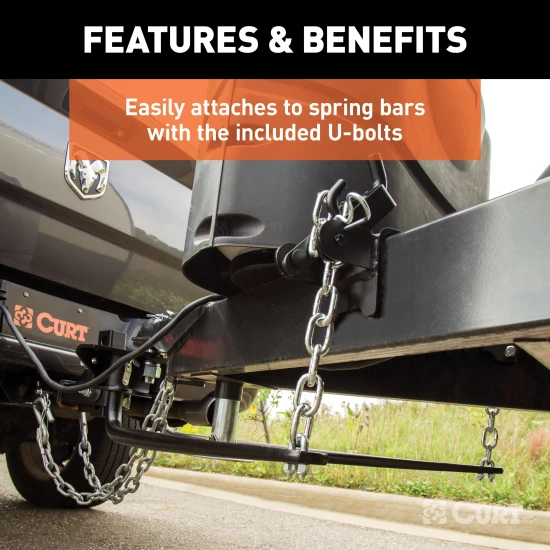 CURT spring bar chain kit with chains, U-bolts, lock nuts, and washers for weight distribution hitches.