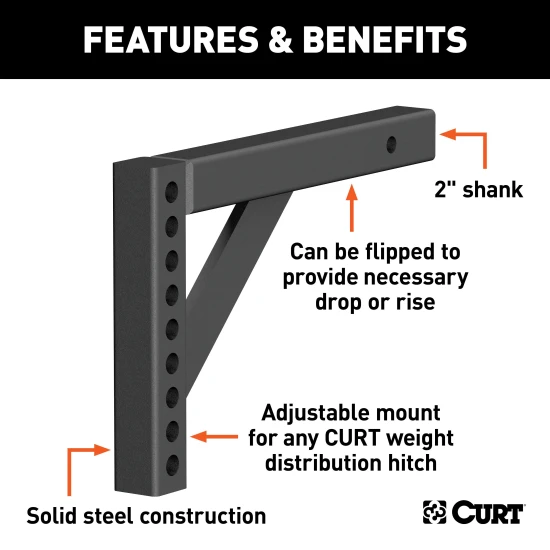 CURT weight distribution shank designed for towing with 2-inch receiver compatibility.