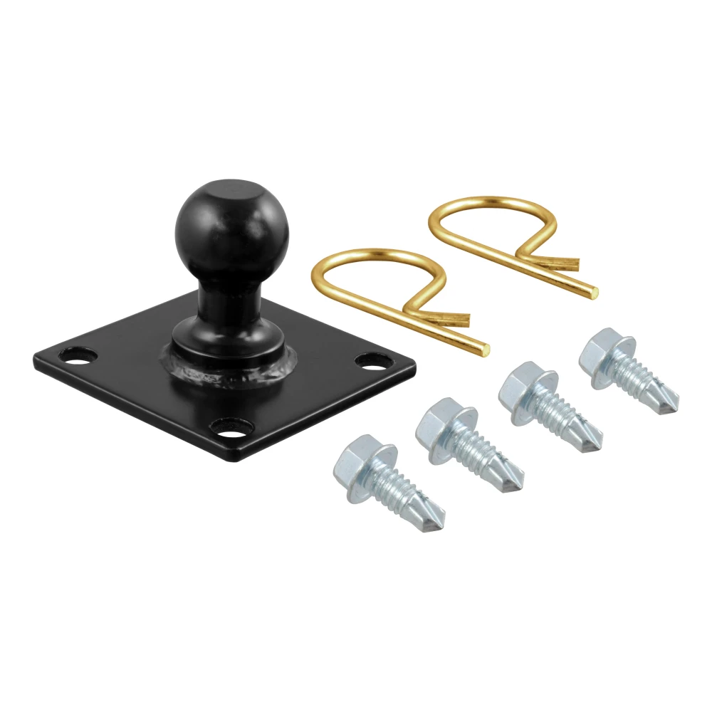 CURT sway control unit attached to a trailer frame with a ball kit for improved towing stability.