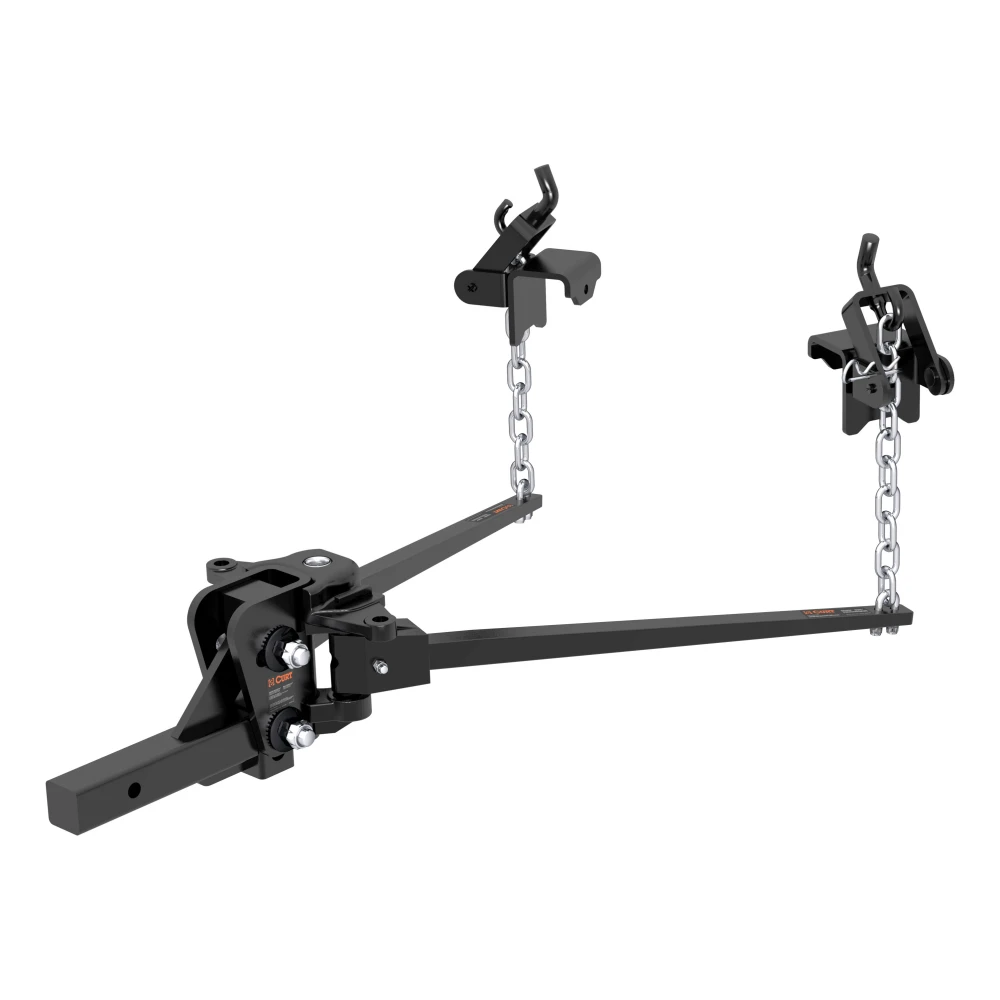 CURT weight distribution hitch featuring forged steel bars, sway control, and black powder coat finish