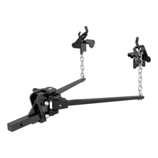 CURT weight distribution hitch featuring forged steel bars, sway control, and black powder coat finish