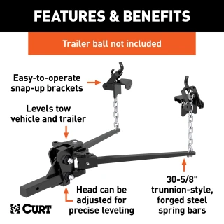 CURT weight distribution hitch featuring forged steel bars, sway control, and black powder coat finish