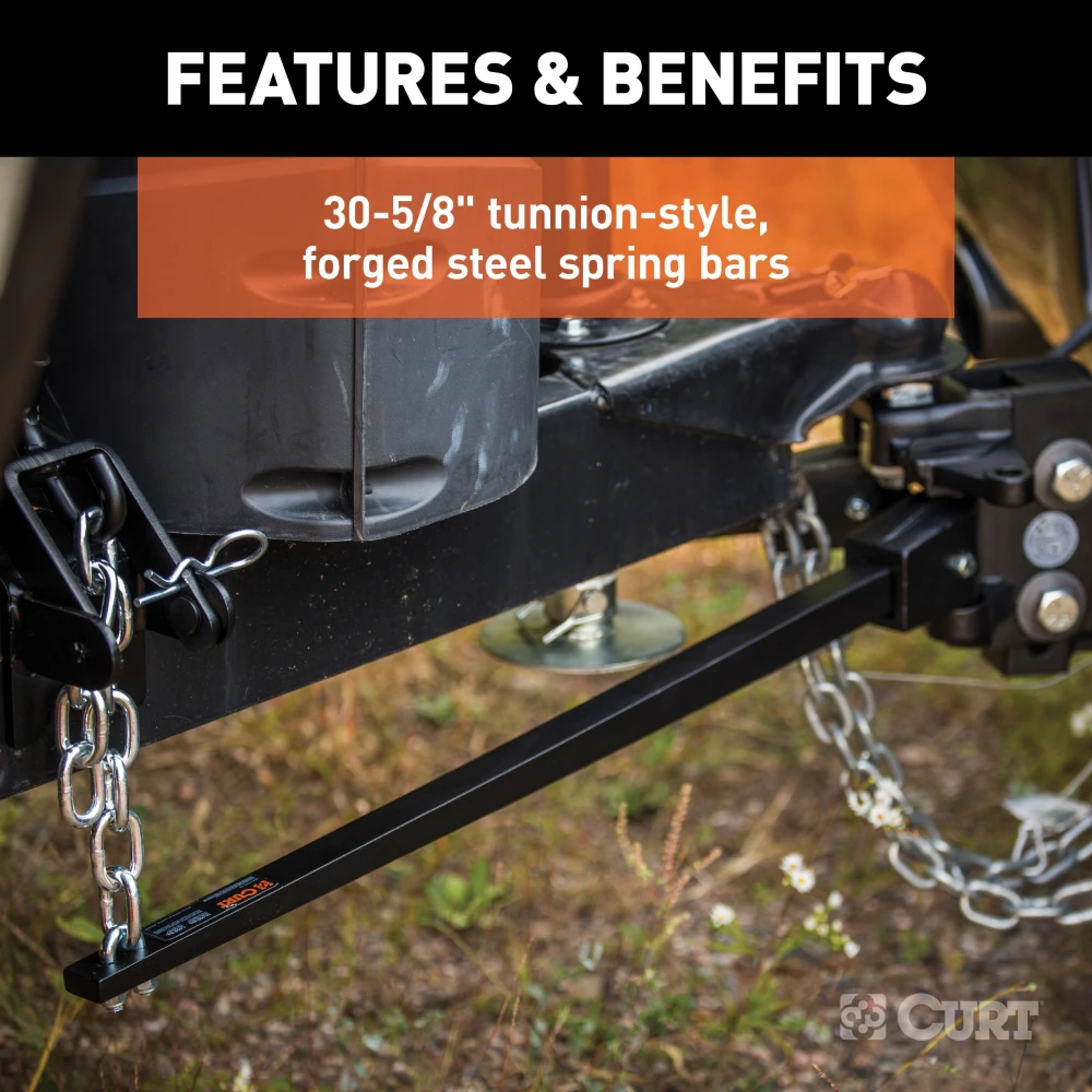 CURT weight distribution hitch featuring forged steel bars, sway control, and black powder coat finish