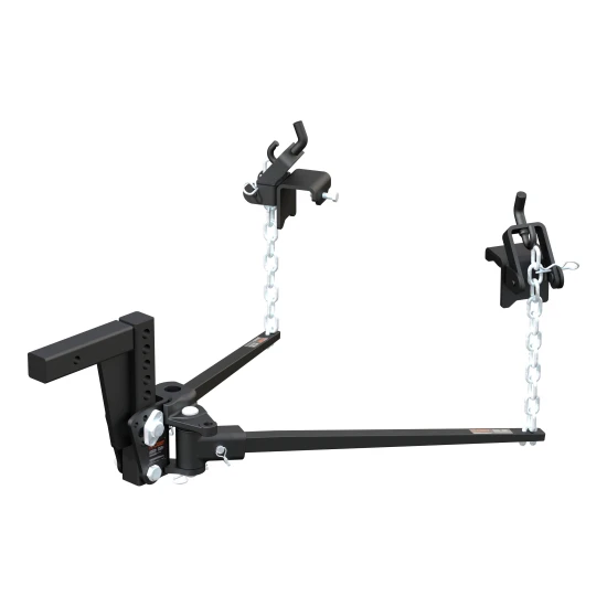 CURT deep drop weight distribution hitch with adjustable shank for lifted trucks, enhancing vehicle and trailer control