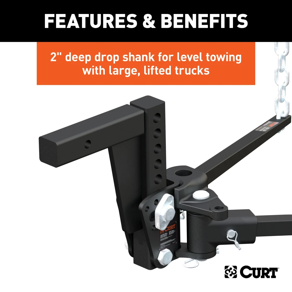 CURT deep drop weight distribution hitch with adjustable shank for lifted trucks, enhancing vehicle and trailer control