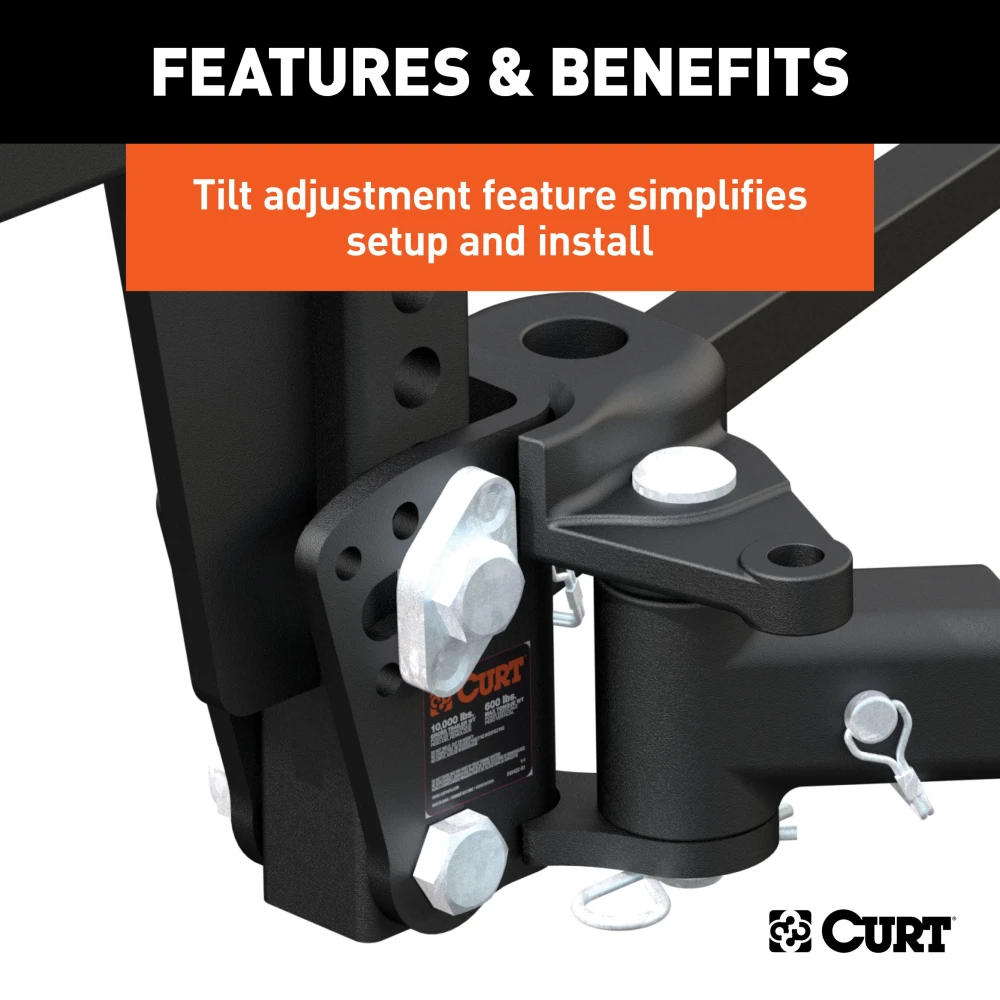 CURT deep drop weight distribution hitch with adjustable shank for lifted trucks, enhancing vehicle and trailer control