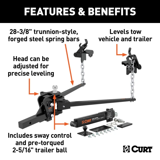 CURT weight distribution hitch with forged steel, sway control unit, and 2-inch shank.