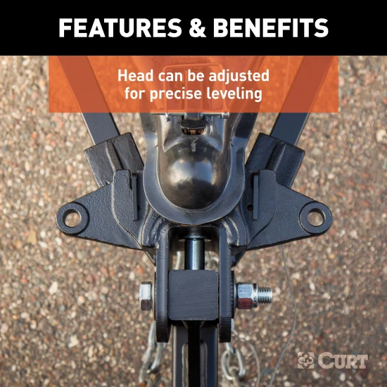 CURT weight distribution hitch with forged steel, sway control unit, and 2-inch shank.