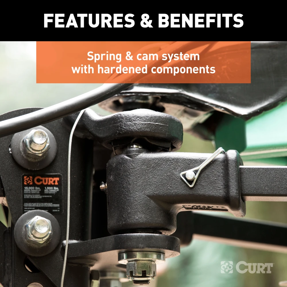 CURT TruTrack weight distribution hitch with integrated sway control, featuring a unique spring and cam system